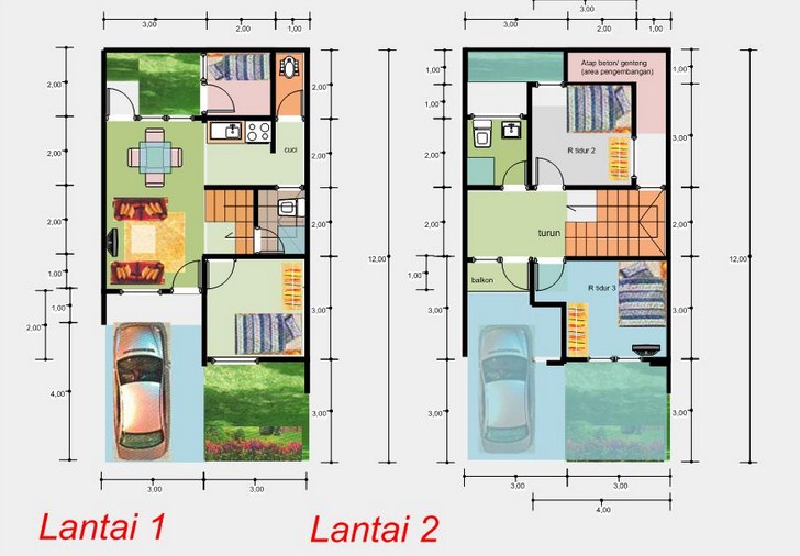 Contoh Denah Rumah Minimalis Sederhana 2 Lantai 6x12