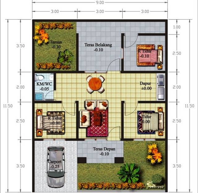 Desain Rumah Minimalis Sederhana 1 Lantai 3 Kamar Tidur | Denah Rumah Minimalis Sederhana 2 Lantai