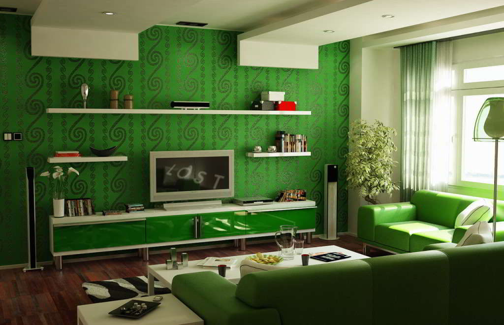 Desain Wallpaper Dinding Hijau Dan Furniture | Wallpaper Dinding Ruang Tamu Unik