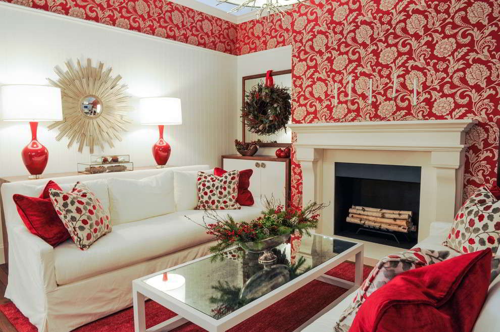 Desain Wallpaper Dinding Ruang Tamu Warna Merah | Contoh Motif Wallpaper Dinding Ungu Ruang Tamu